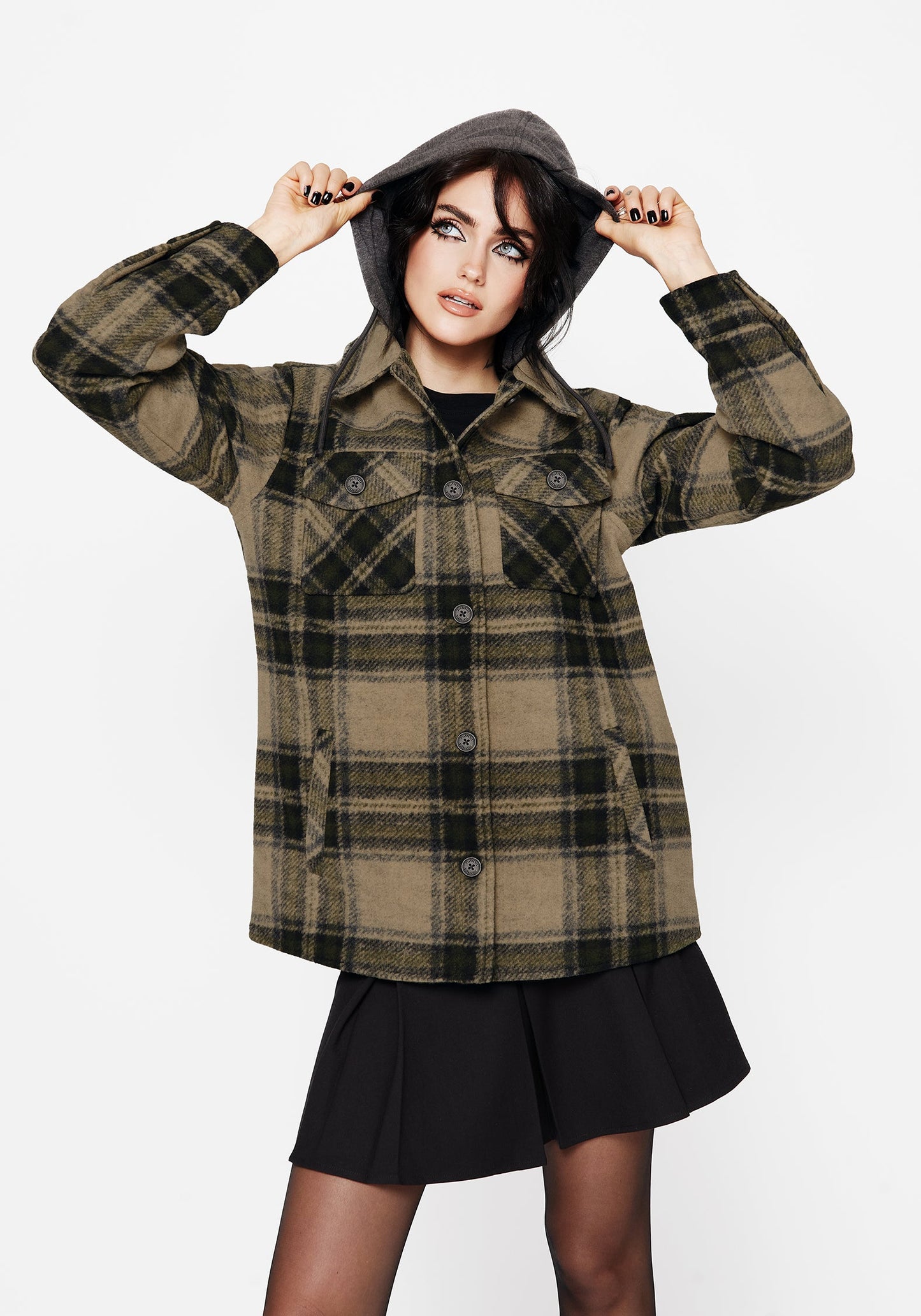 Trellis Hooded Pocket Check Shacket - Green