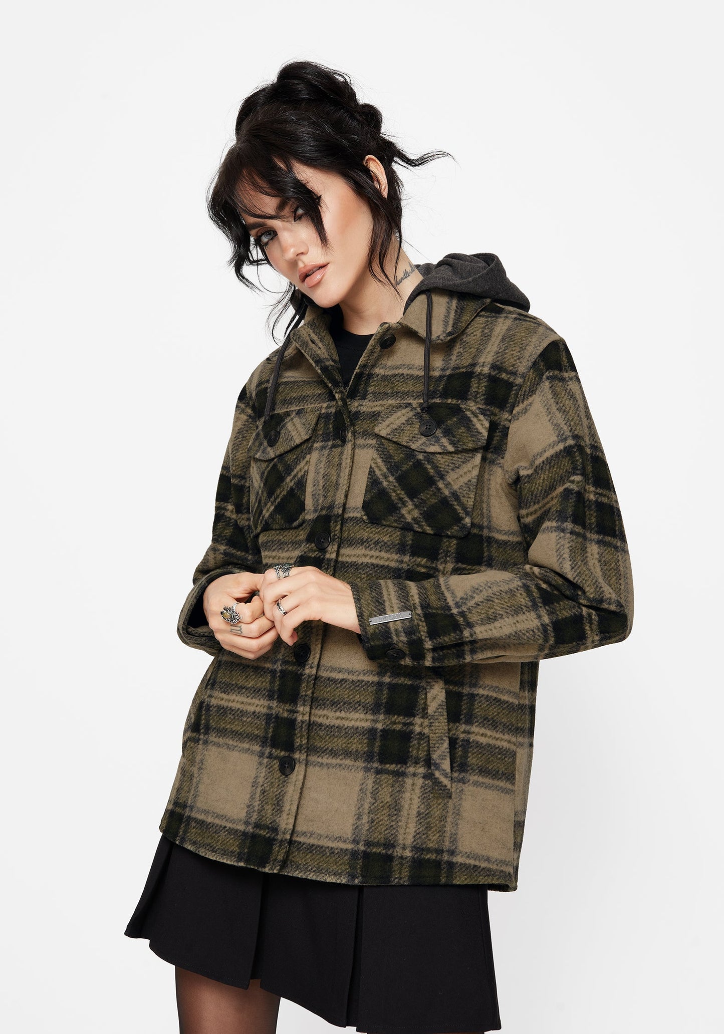 Trellis Hooded Pocket Check Shacket - Green