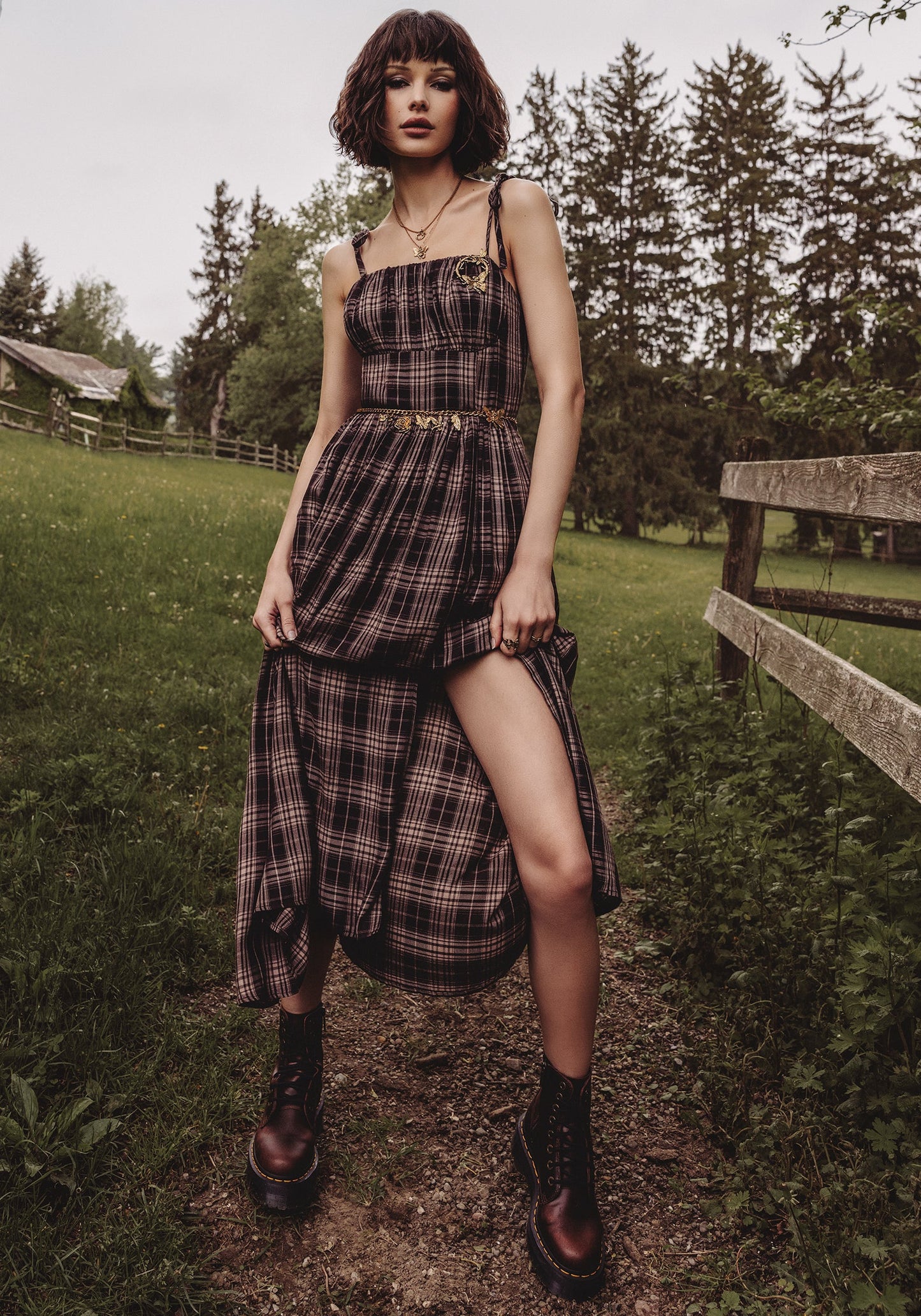 Adra Check Cami Tie Strap Midi Dress