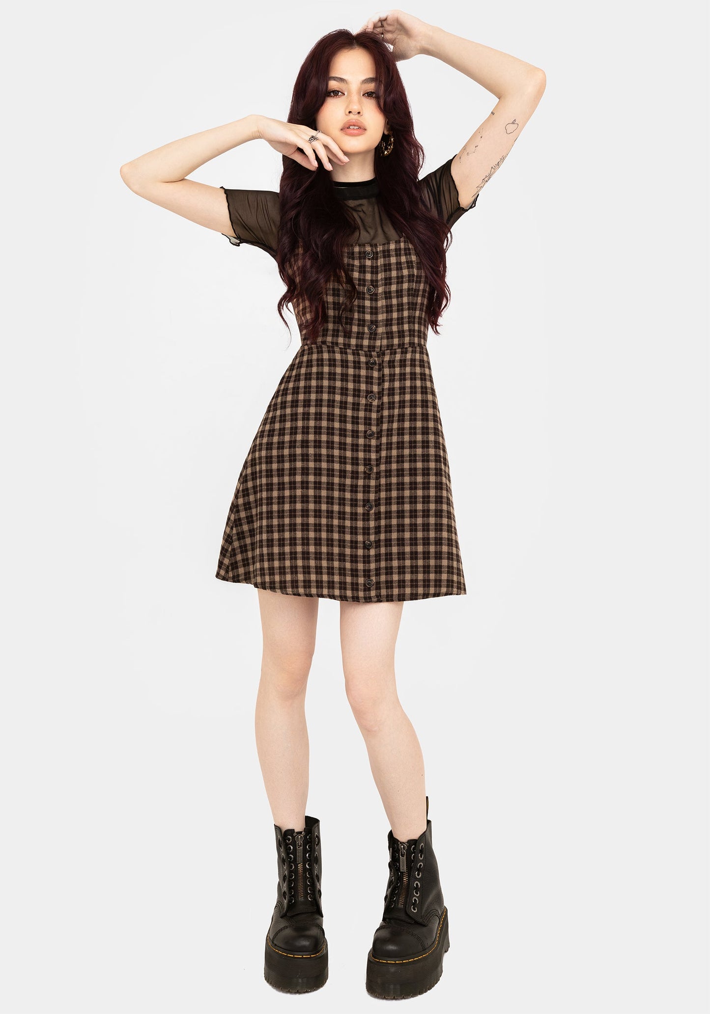 Terra Cotton Check Sleeveless Button Up Mini Dress - Brown