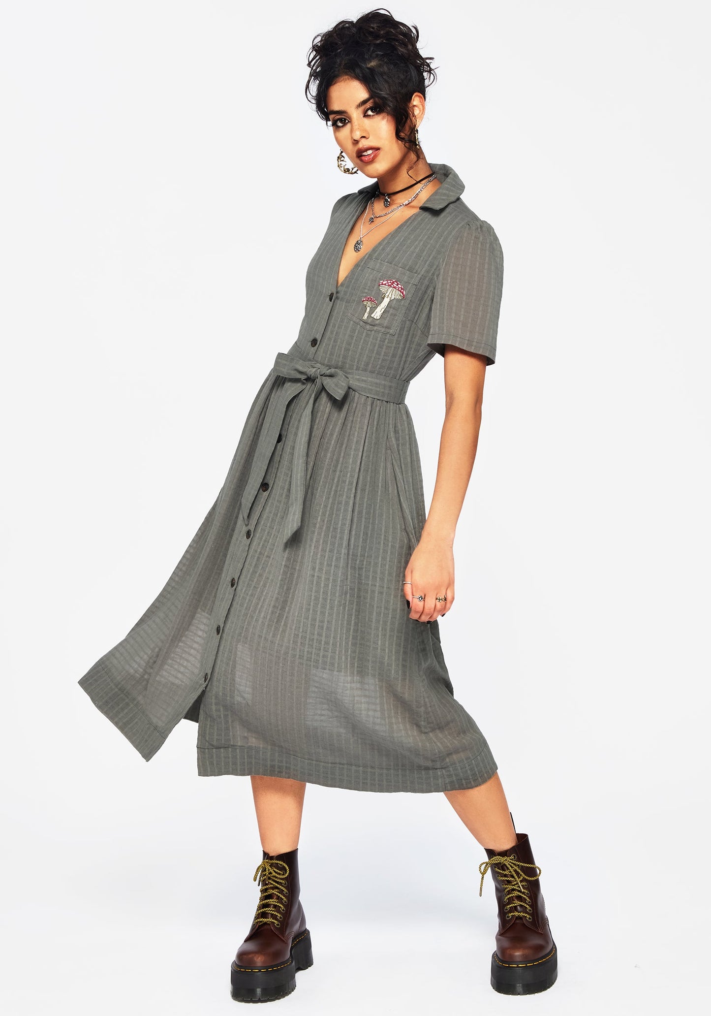 Koax Cotton Check Embroidered Button Up Midi Shirt Dress