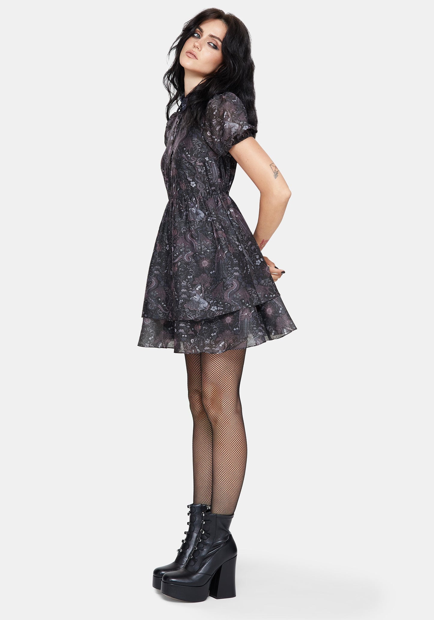 Haunt Medieval Print Chiffon Smocked Mini Dress