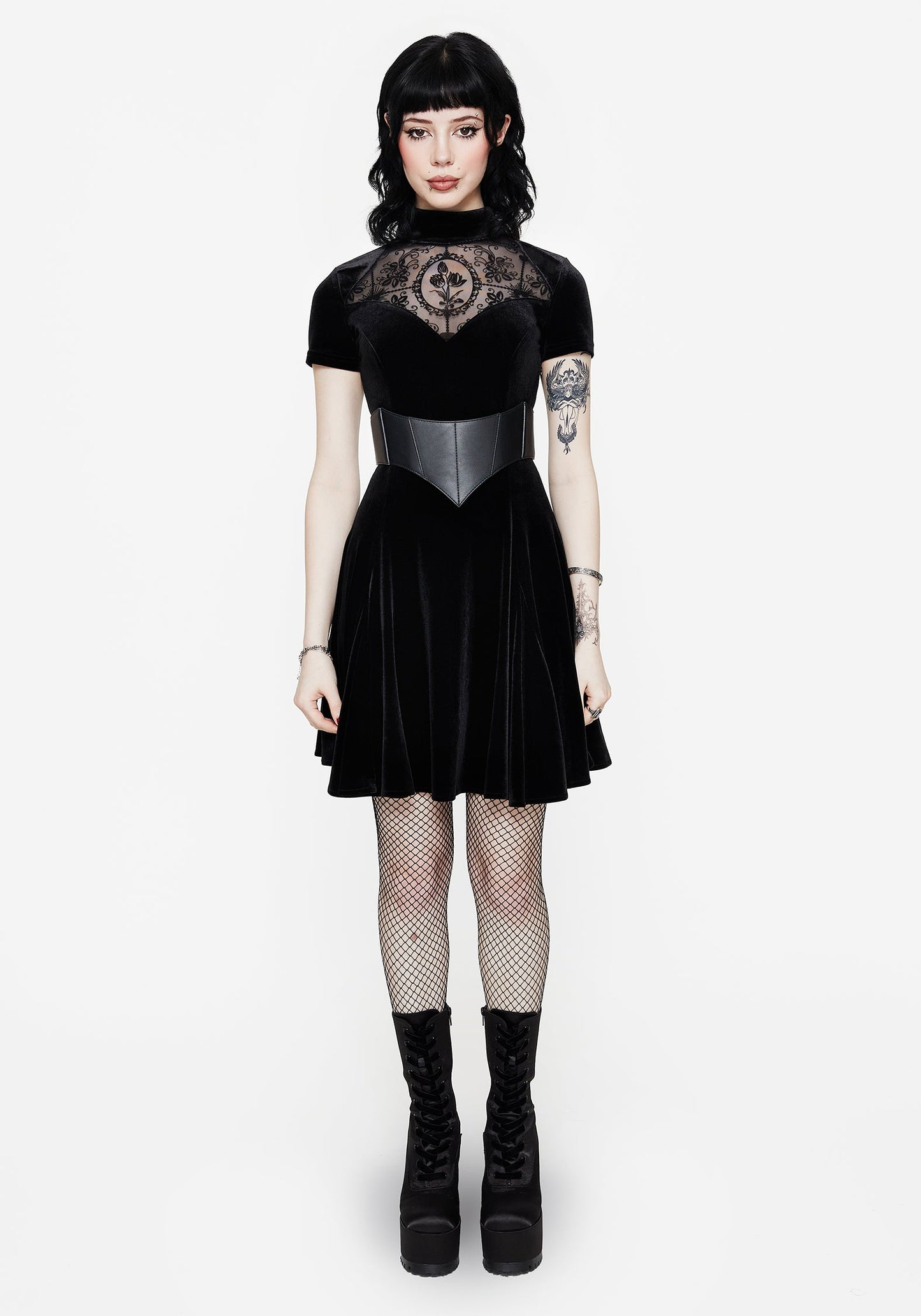 Cameo High Neck Flocked Mesh Insert Skater Mini Dress