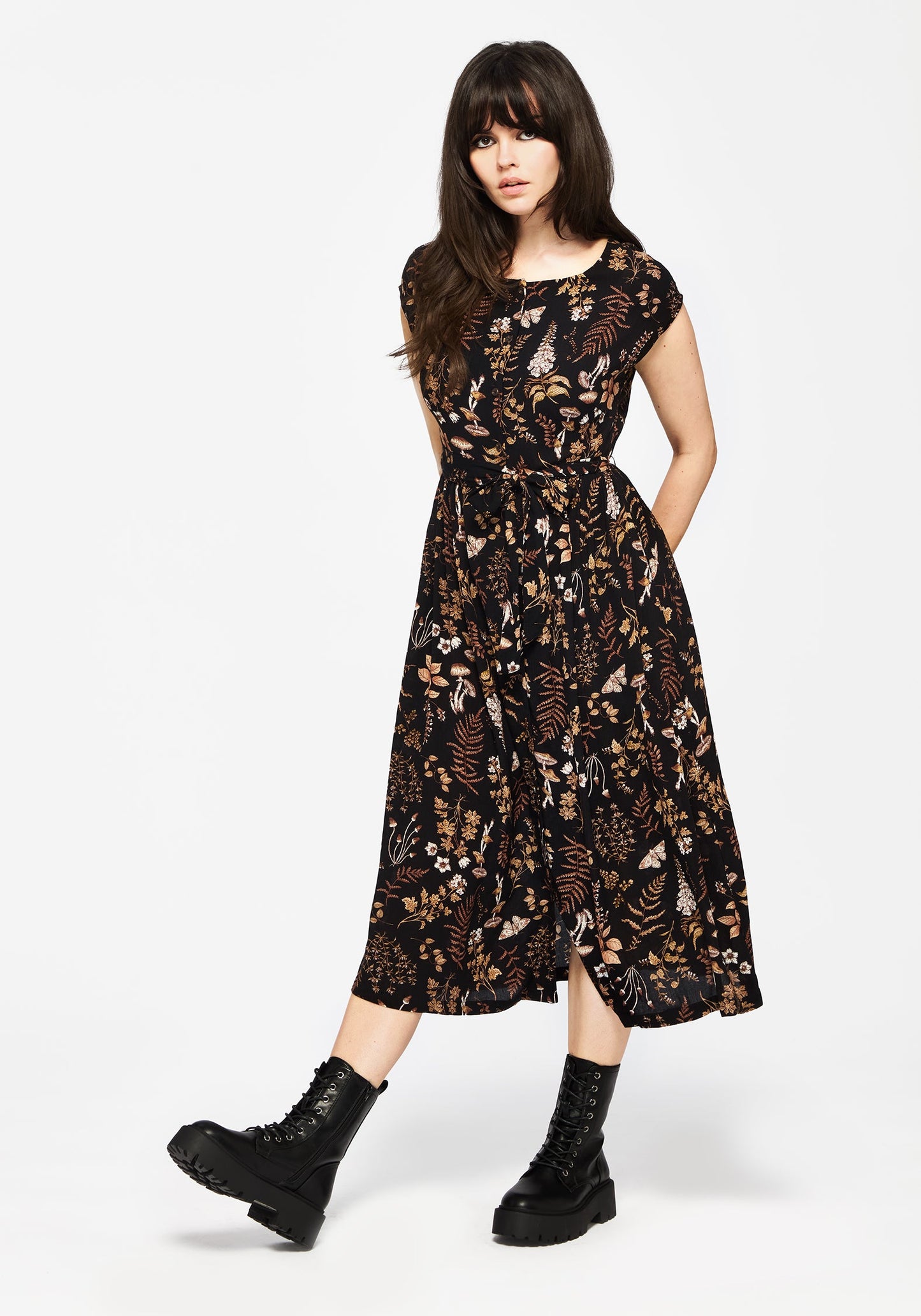 Luthien Crinkle Printed Button Up Midi Dress