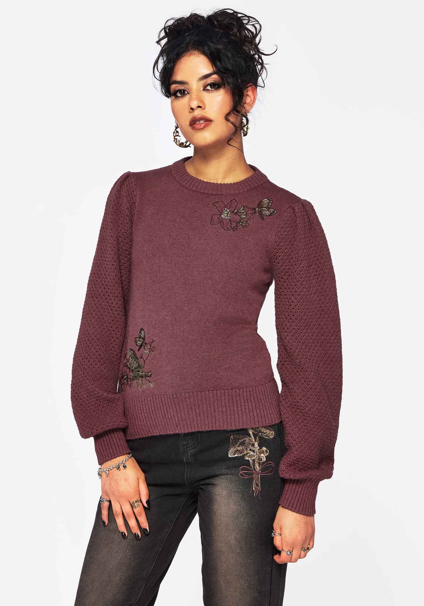Dana Floral Moth Embroidered Jumper - Purple