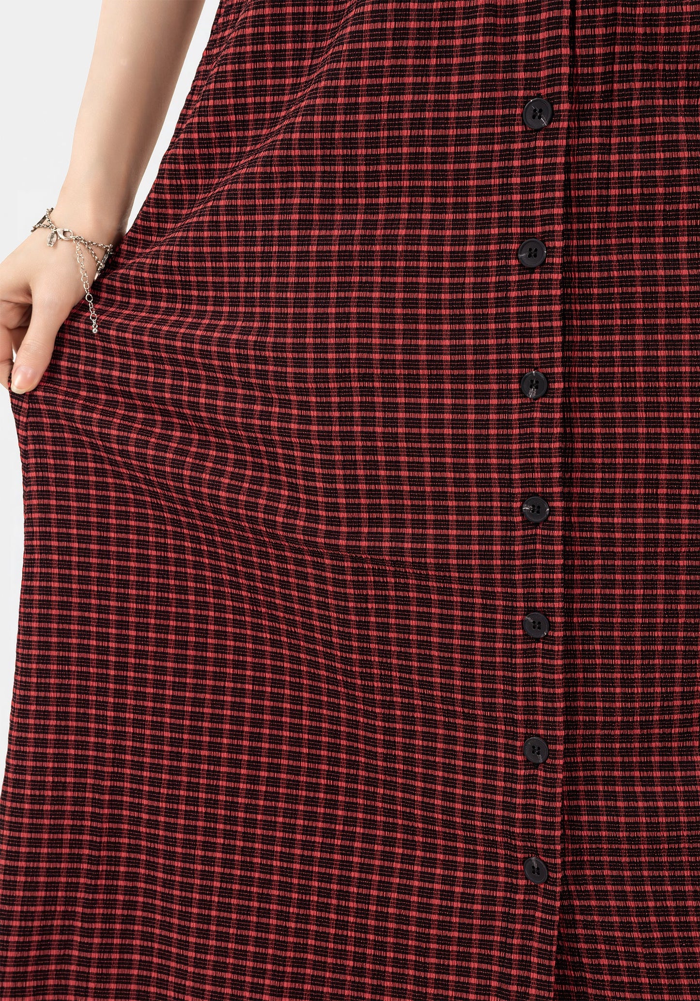 Carmine Textured Check Button Up Midaxi Skirt