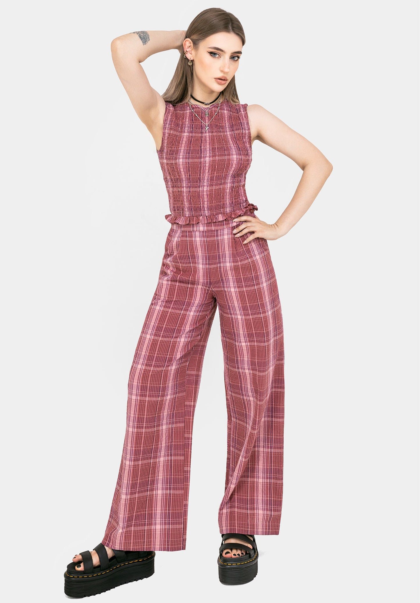 Zorina Cotton Check Wide Leg Trousers