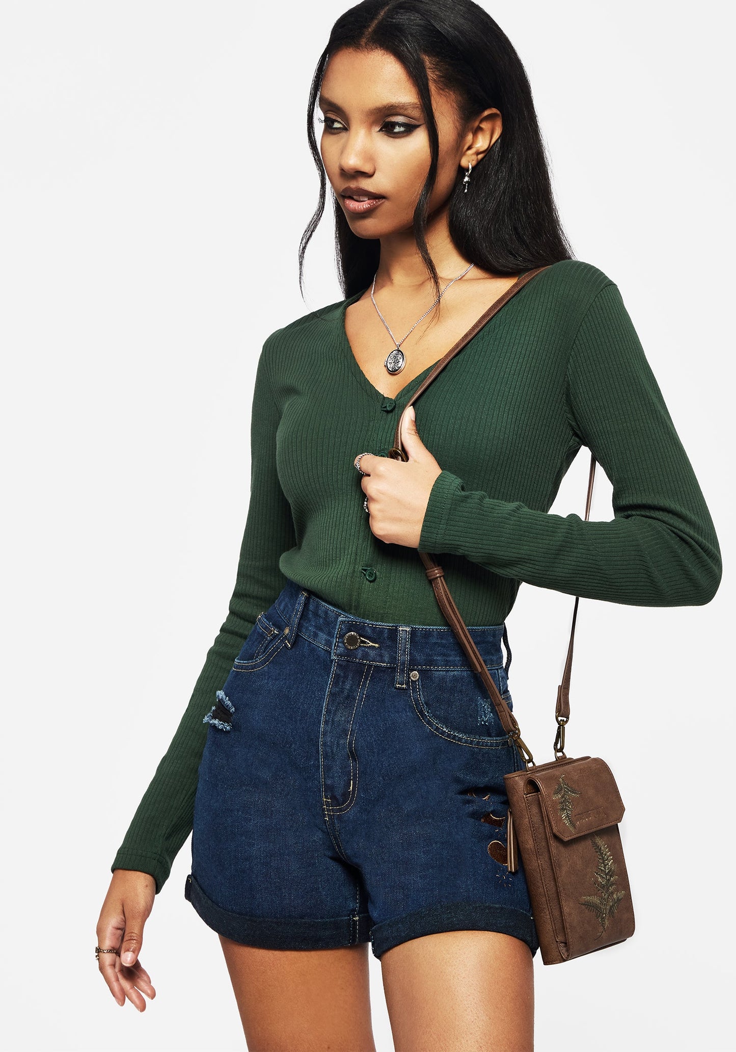 Griffinfly Embroidered Distressed Denim Shorts - Blue