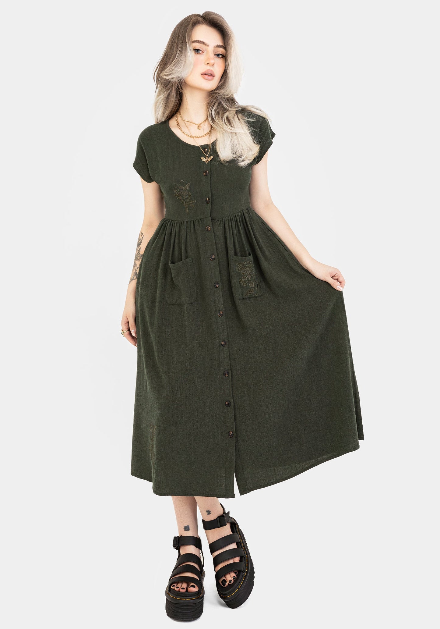 Foliate Linen-Blend Embroidered Button Up Midi Dress - Green