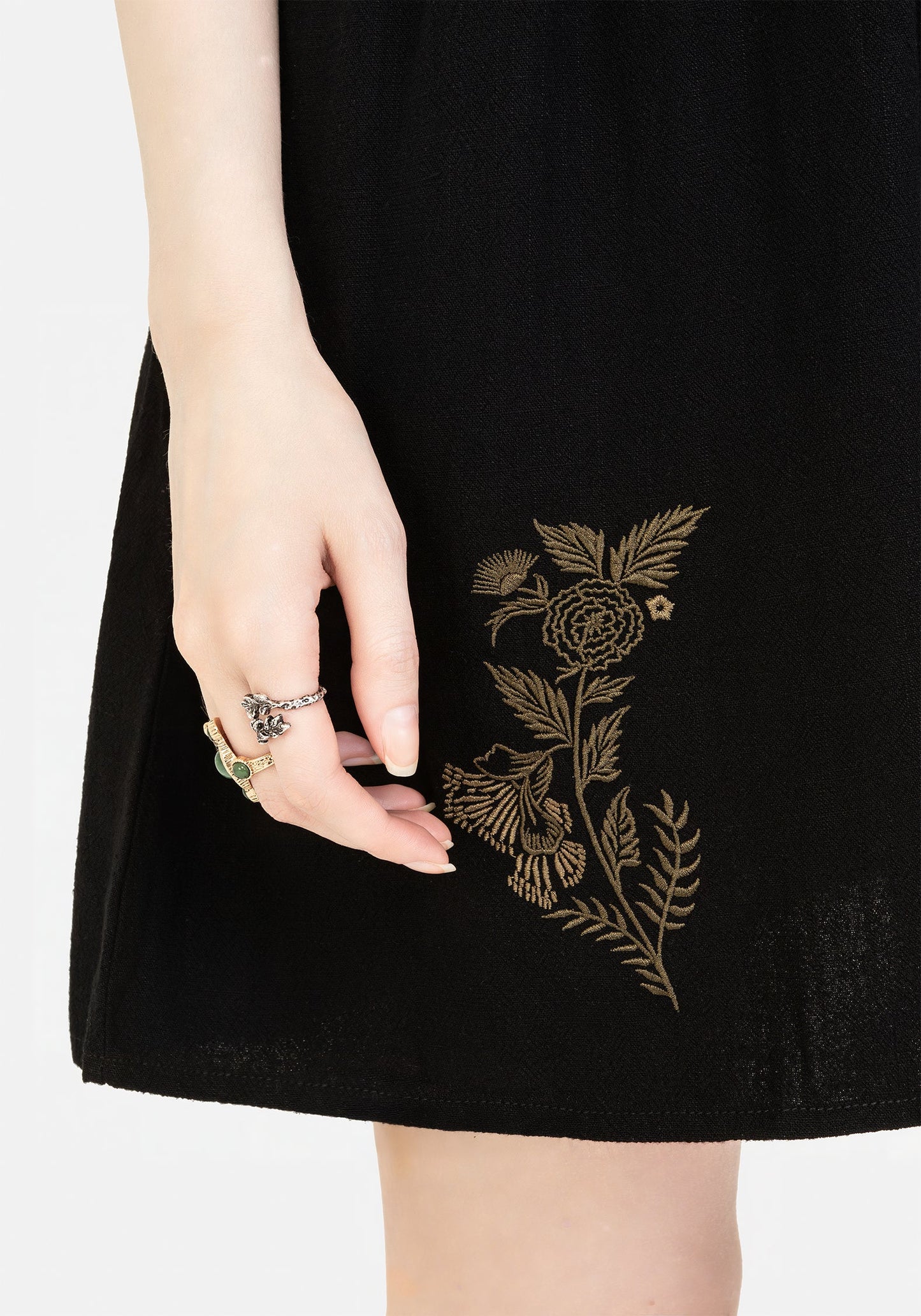 Foliate Linen-Blend Embroidered Button Up Mini Dress - Black