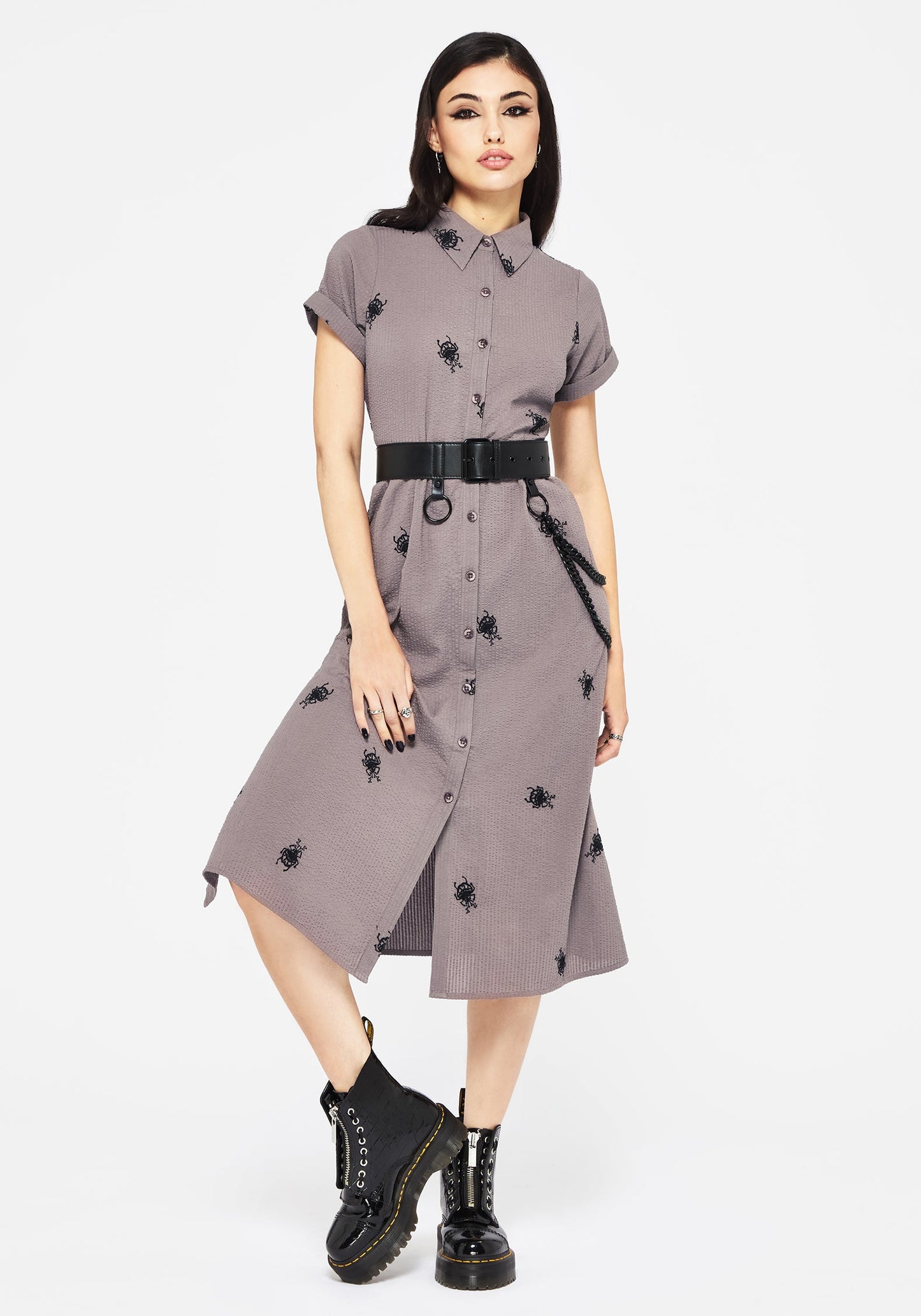 Stag Beetle Embroidered Midi Shirt Dress