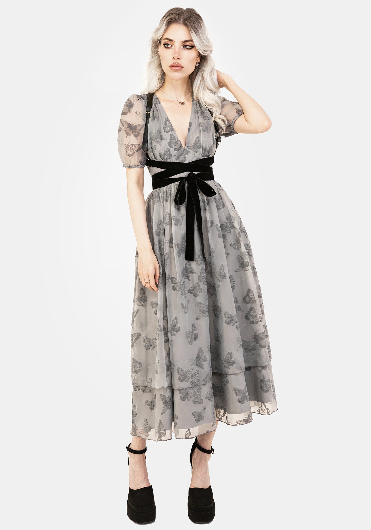 Vanessa Butterfly Print Organza Puff Sleeve Midaxi Dress