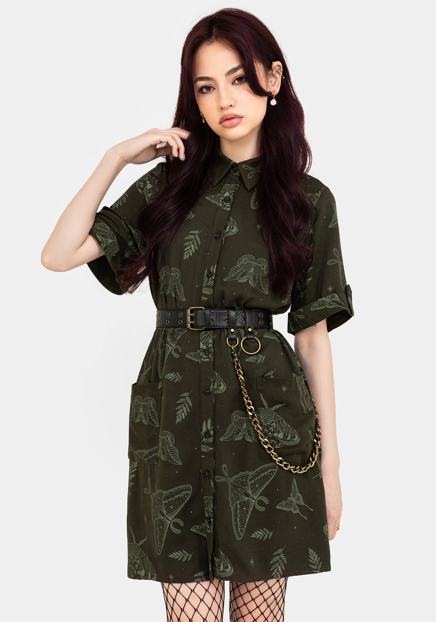 Callopistria Moth Print Mini Shirt Dress - Green