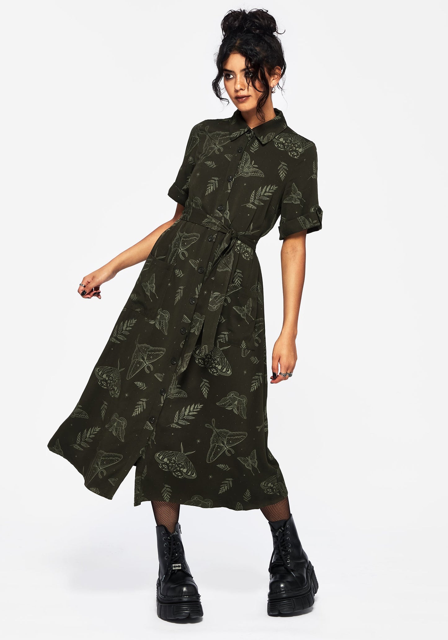 Callopistria Moth Print Midi Shirt Dress - Green