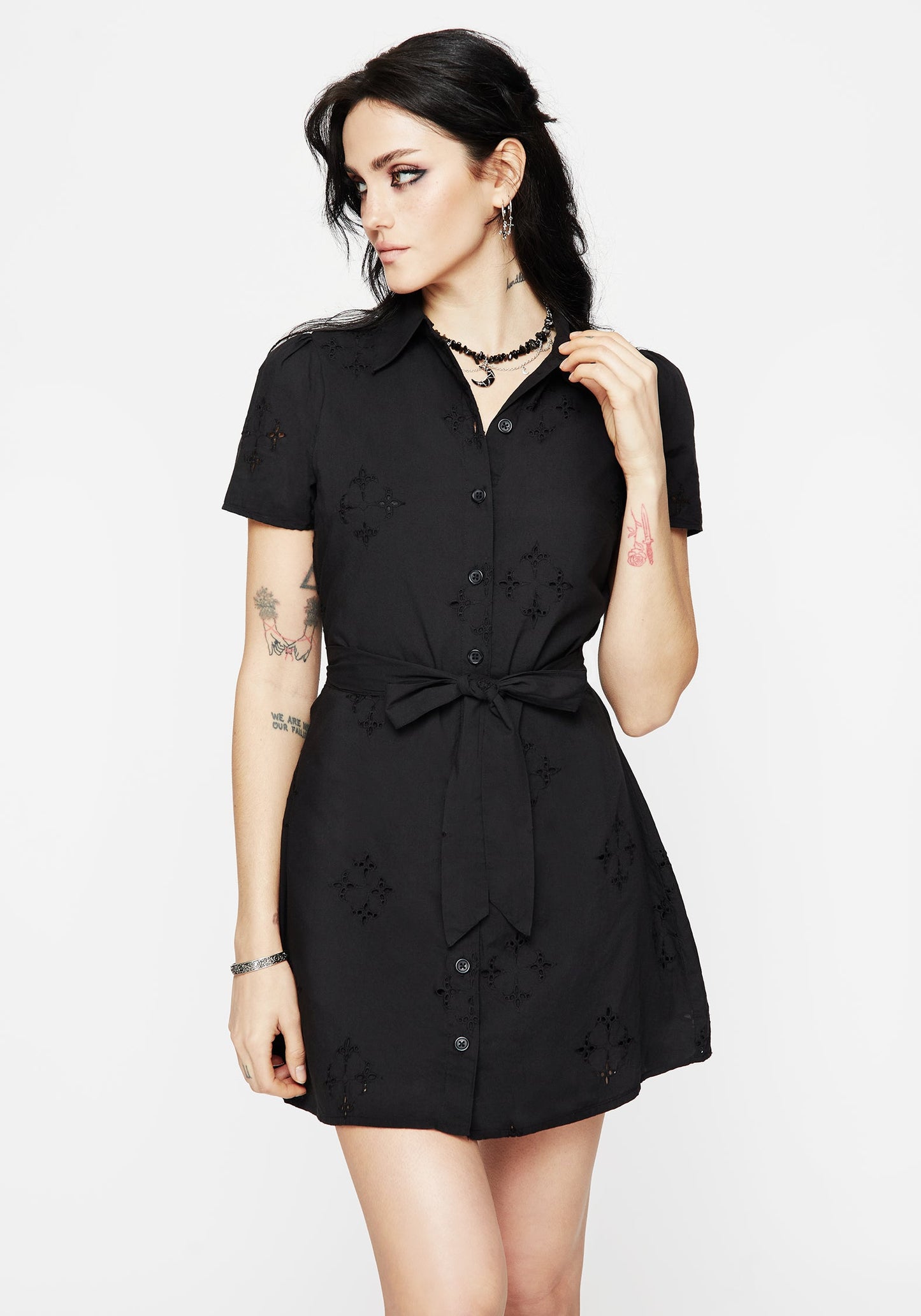 Crux Broderie Cotton Belted Mini Shirt Dress