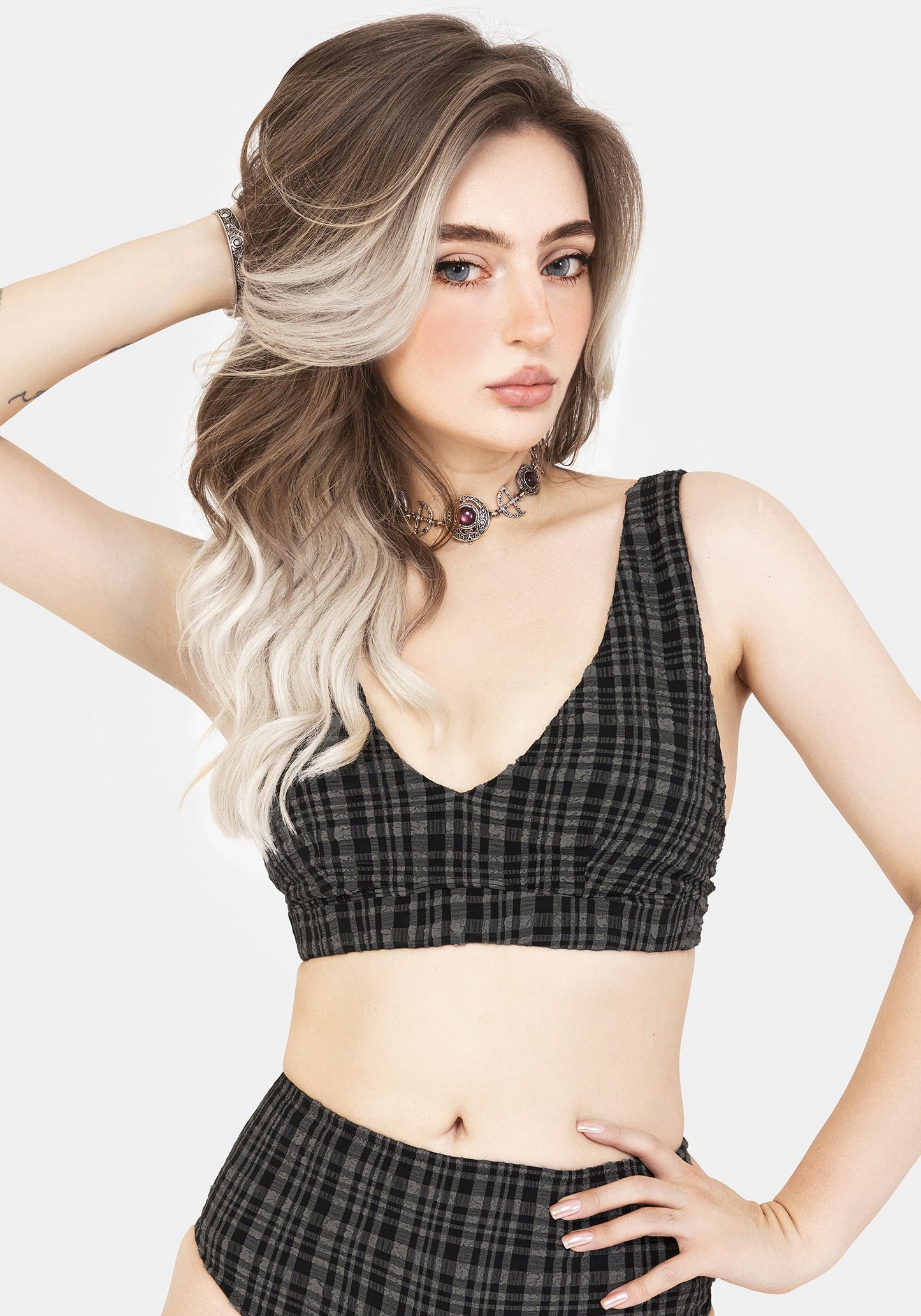 Slate Textured Check Bikini Top