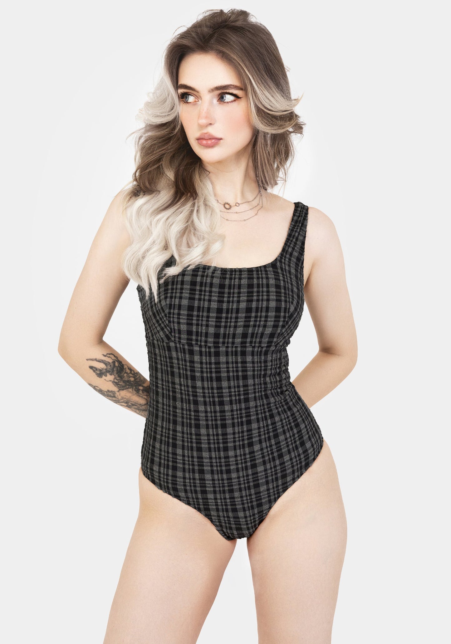 Slate Textured Check Square Neck Swimsuit