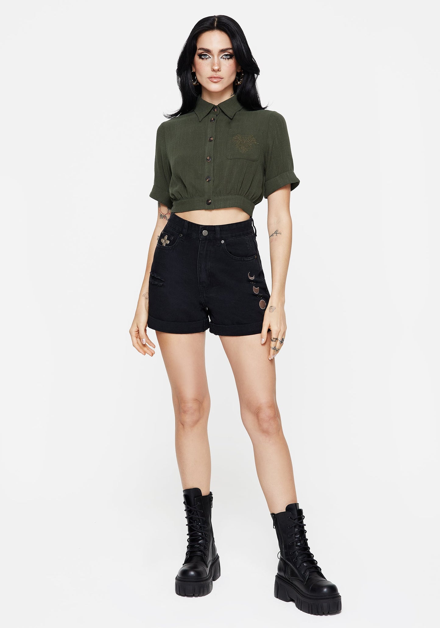 Foliate Linen-Blend Embroidered Short Sleeve Crop Shirt - Green
