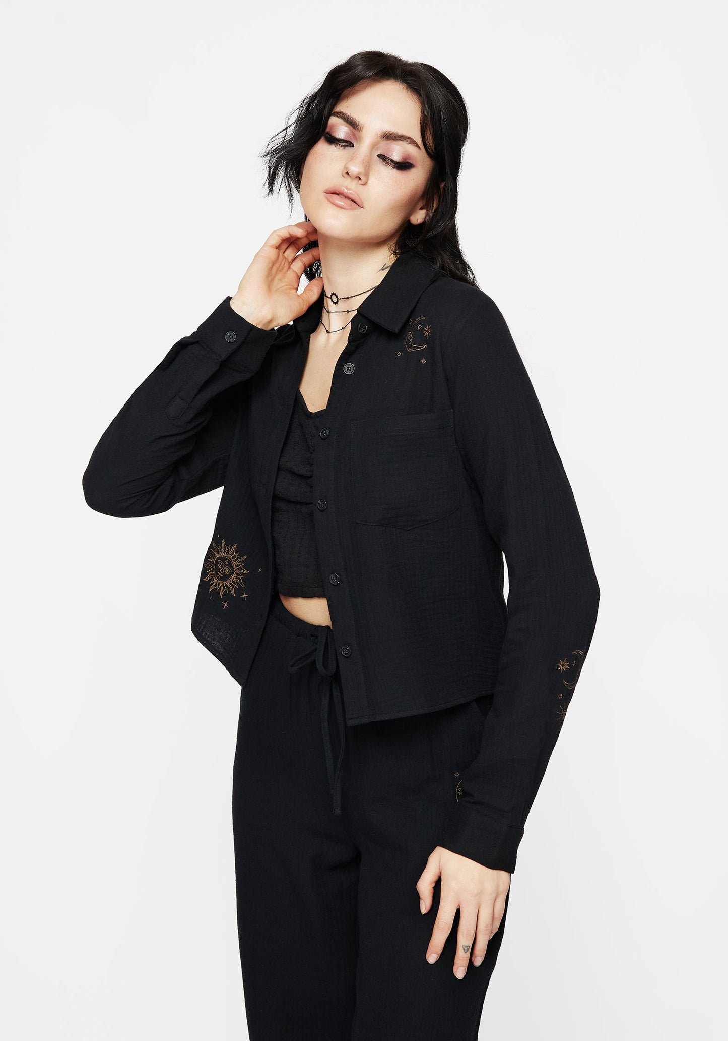 Cosmos Embroidered Button Up Crop Shirt