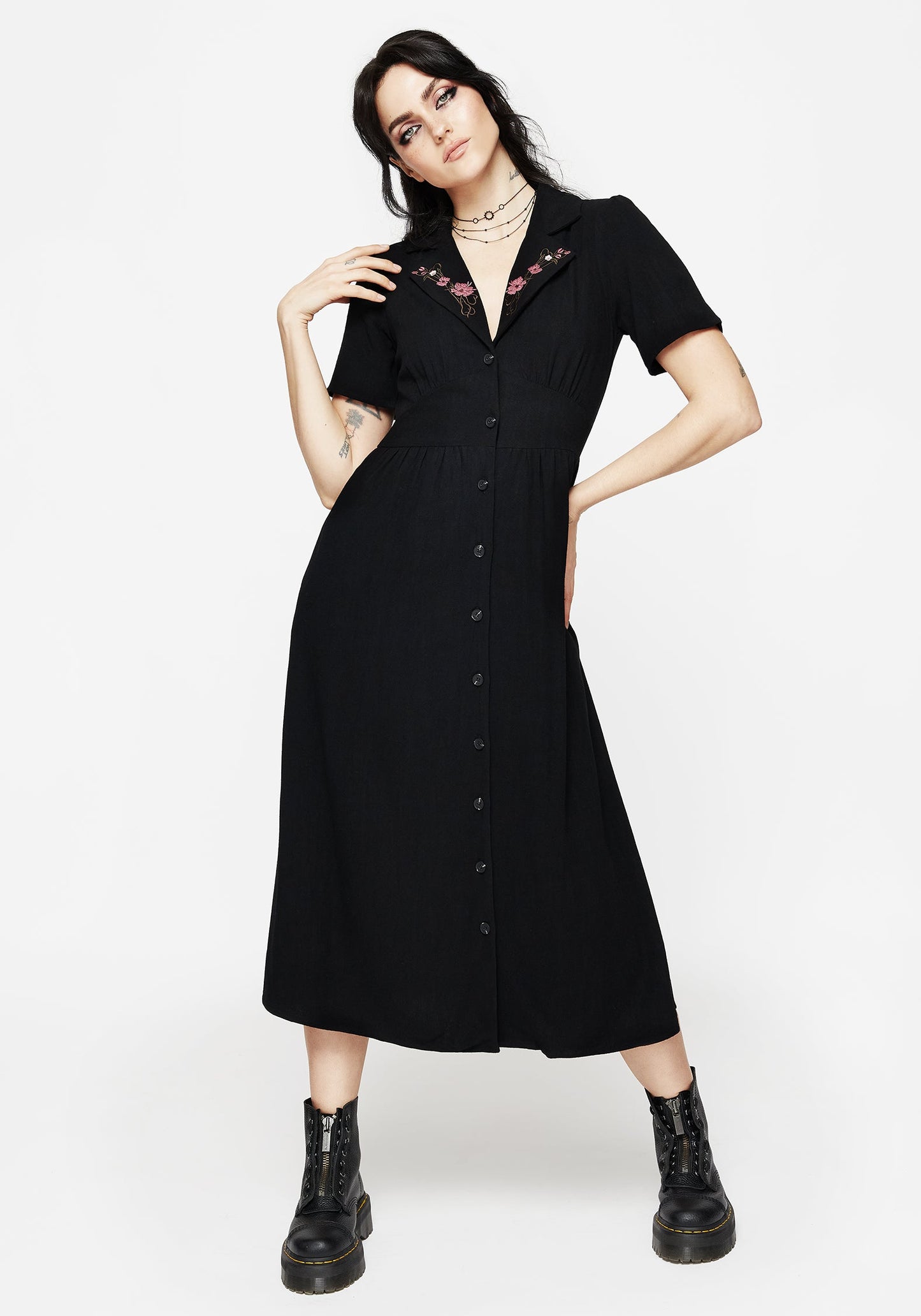 Aster Embroidered Collar Midi Shirt Dress
