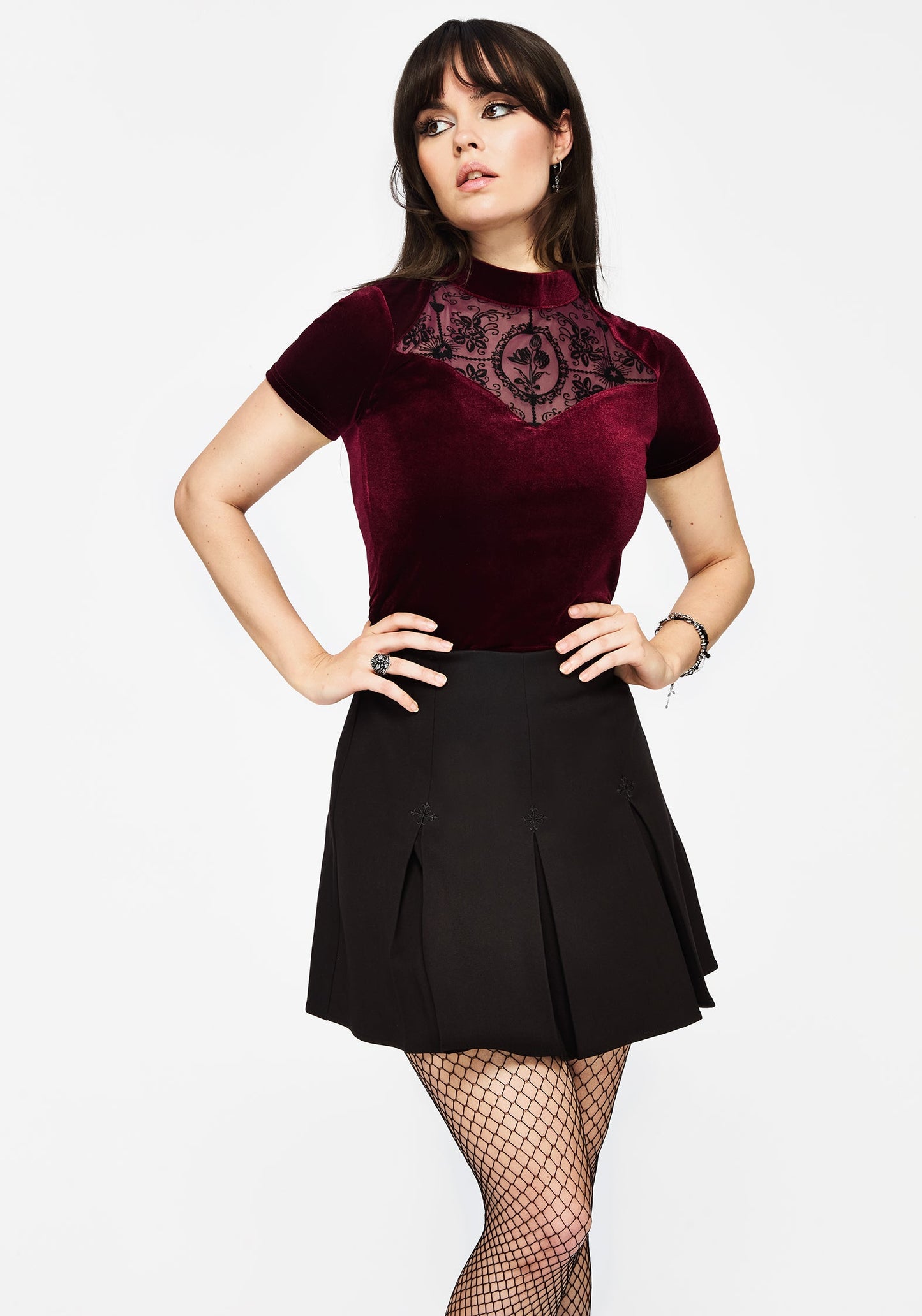 Cameo Floral Flocked Mesh Velour High Neck Top - Red