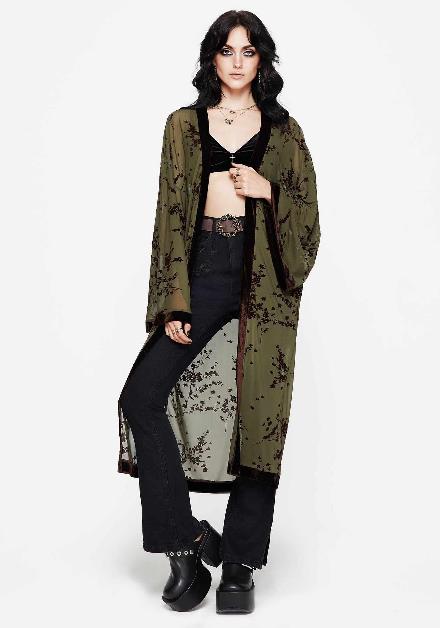 Jael Flocked Longline Mesh Kimono