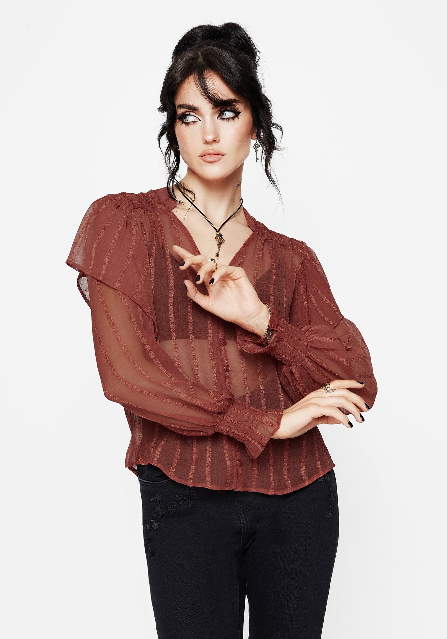 Asteria Sheer Textured Stripe Ruffle Blouse