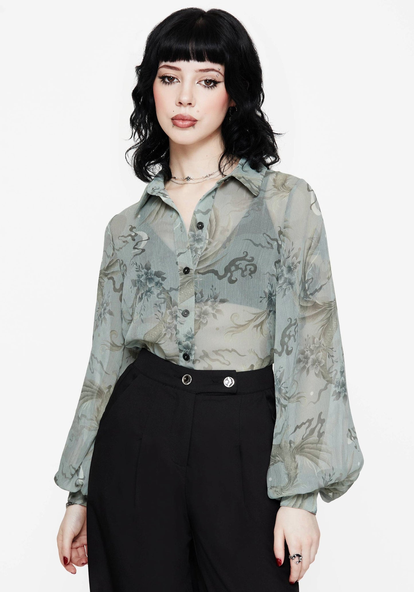 Sapphira Dragon Print Button Up Shirt