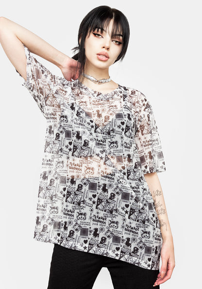 Riot Oversized Print Mesh Tee