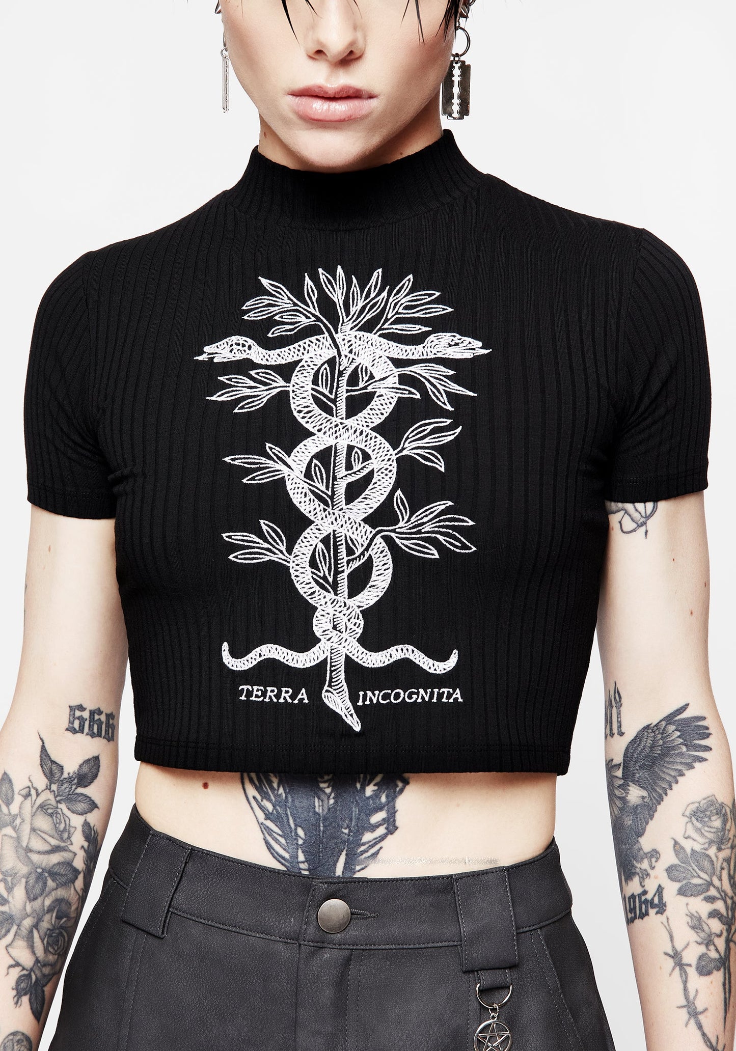 Caduceus Embroidered High Neck Crop Top