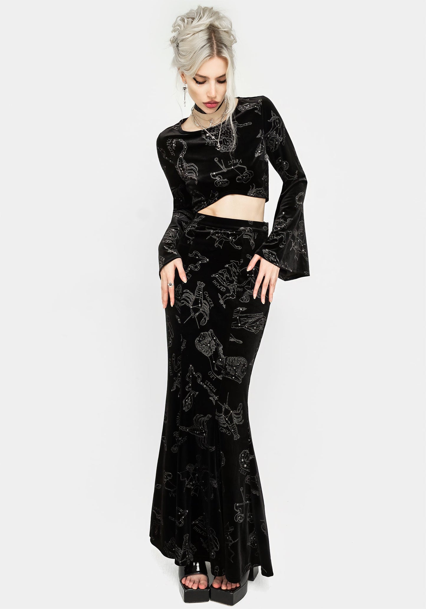 Zodiac Foil Print Velour Mermaid Maxi Skirt