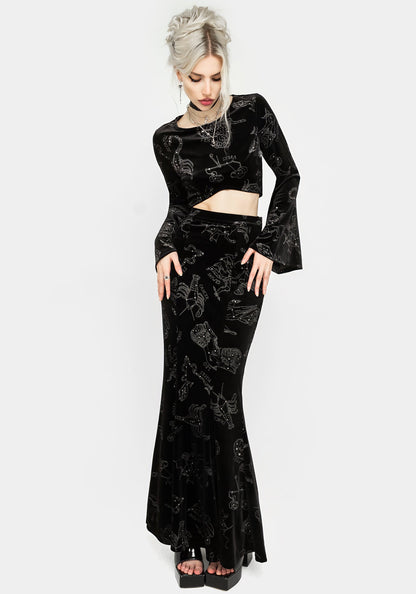 Zodiac Foil Print Velour Mermaid Maxi Skirt