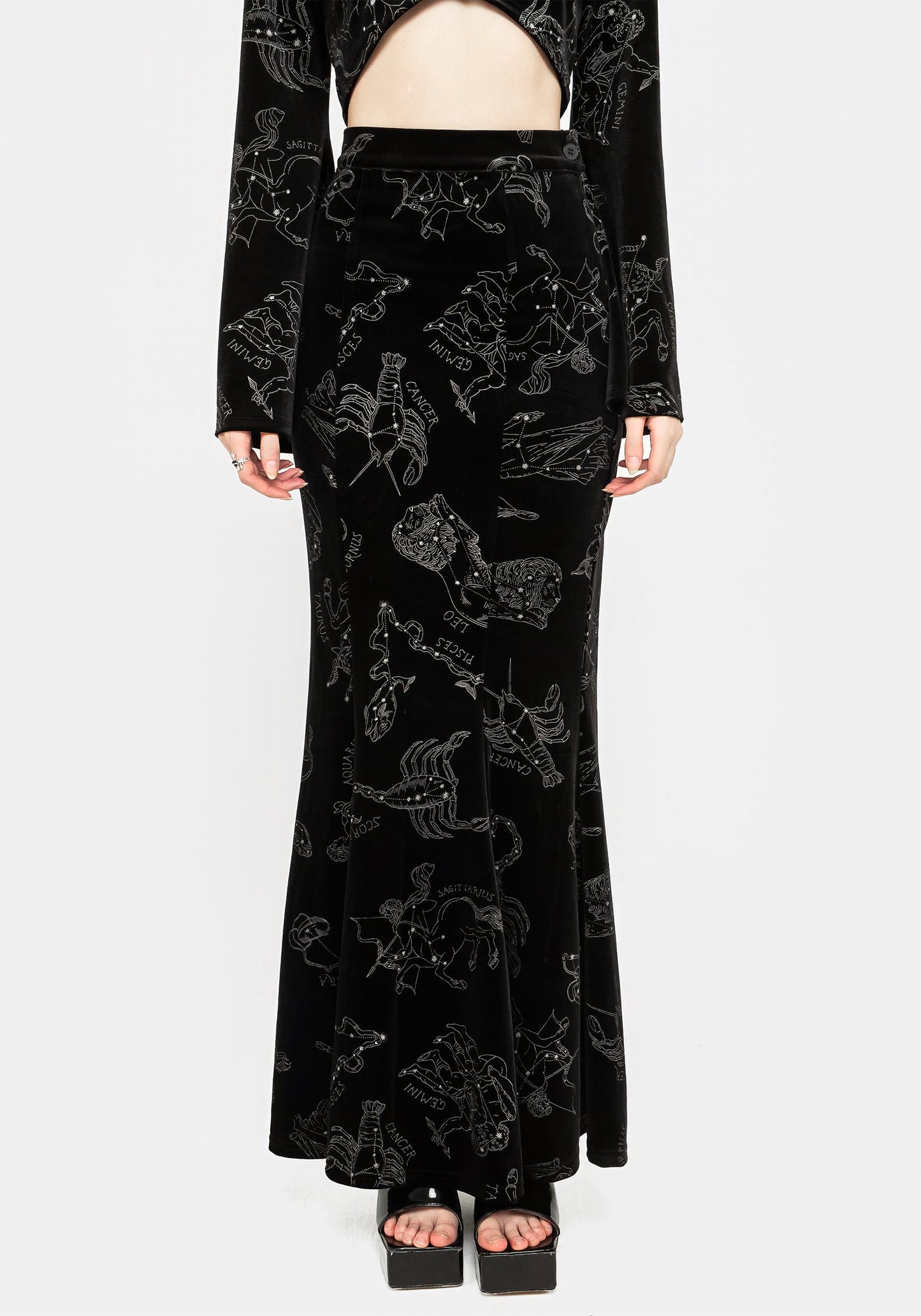 Zodiac Foil Print Velour Mermaid Maxi Skirt