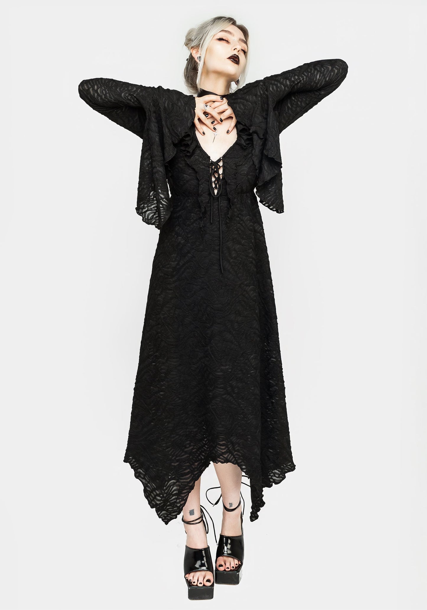 Jessel Distressed Cascade Handkerchief Hem Midi Dress