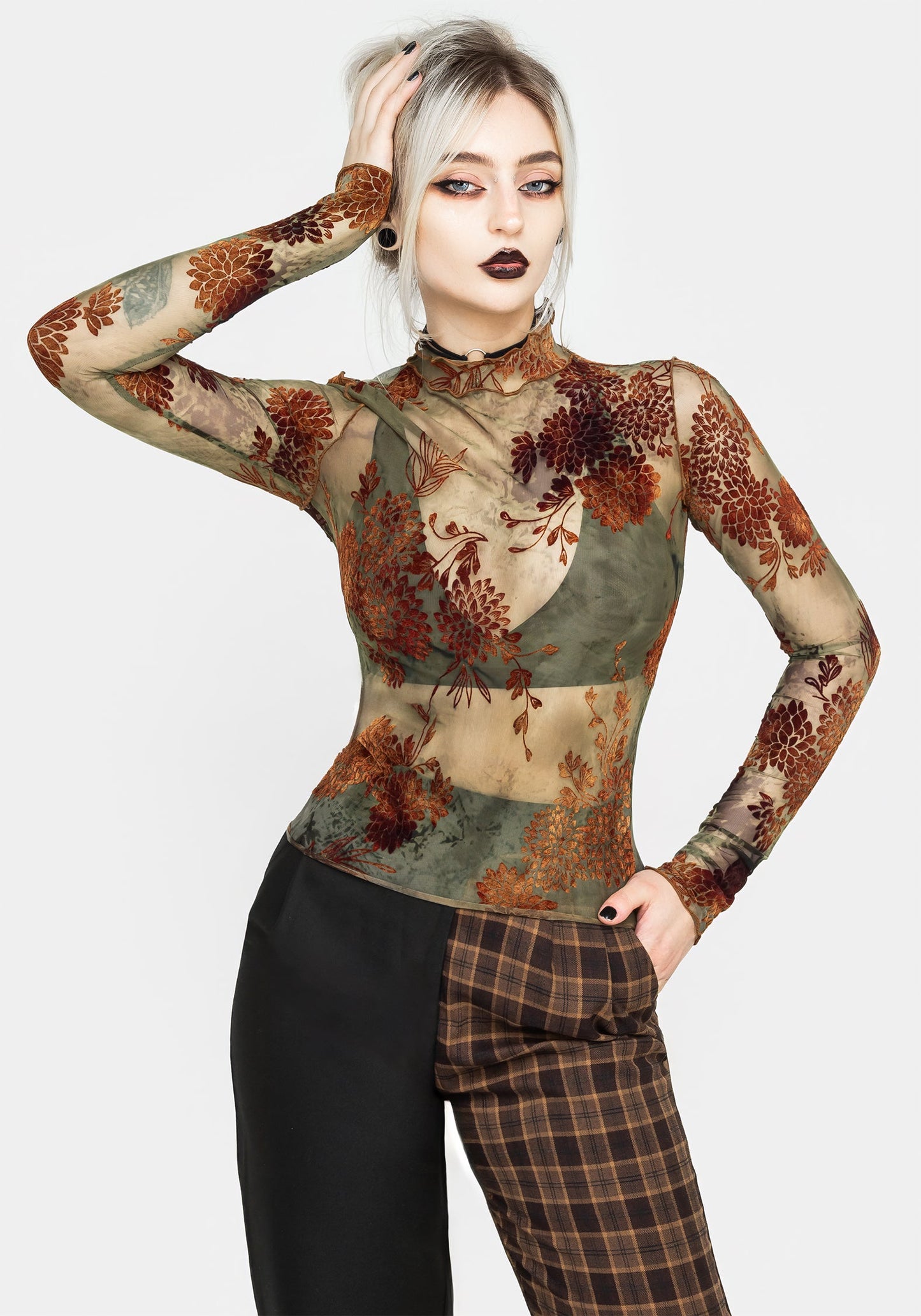 Rosaleigh Flock Velour Mesh Long Sleeve Top