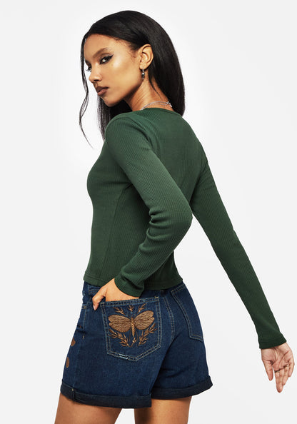 Surcantine Rib Button Up Long Sleeve Top