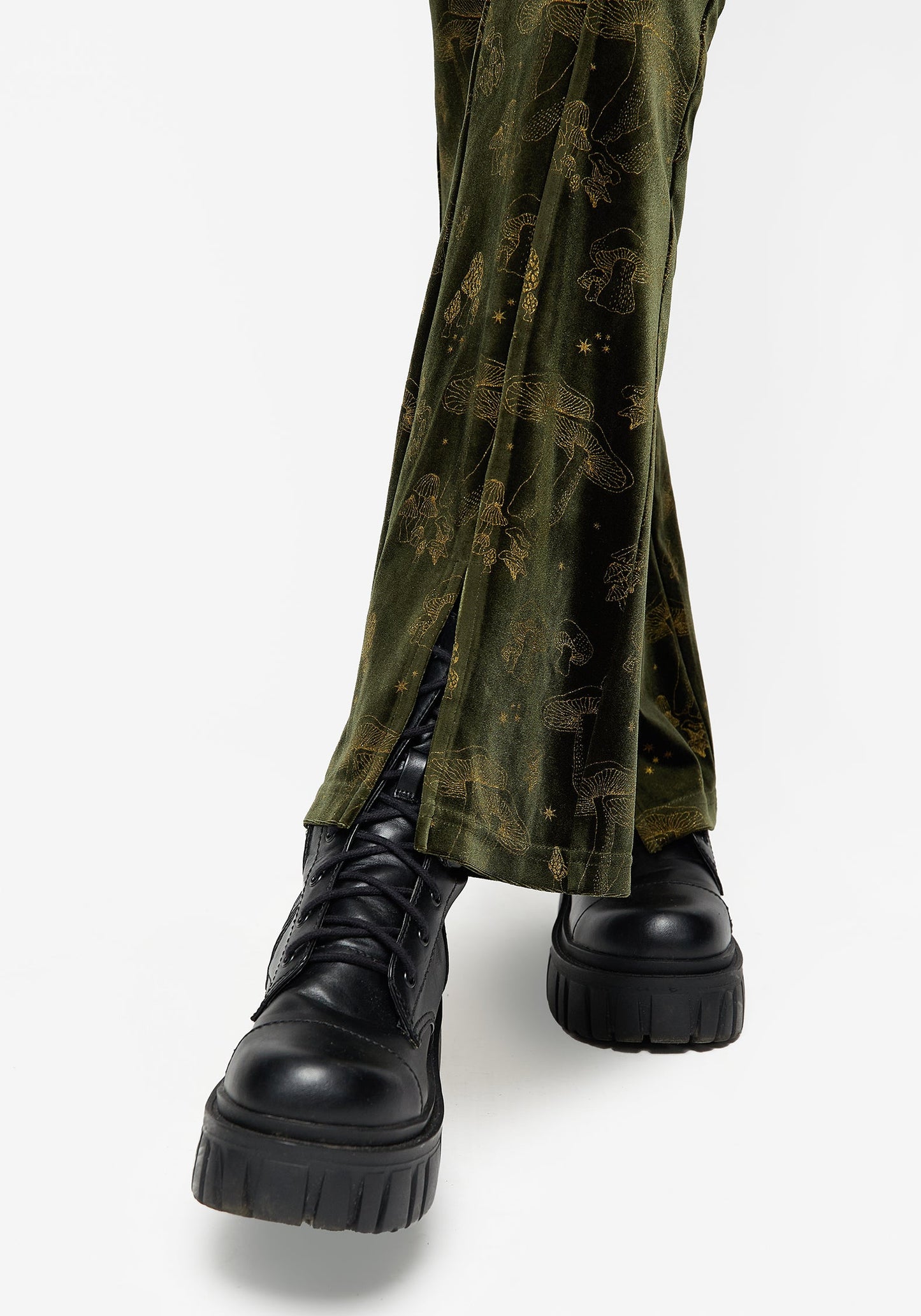 Faefire Foil Print Velour Split Slim Flare Trousers - Green