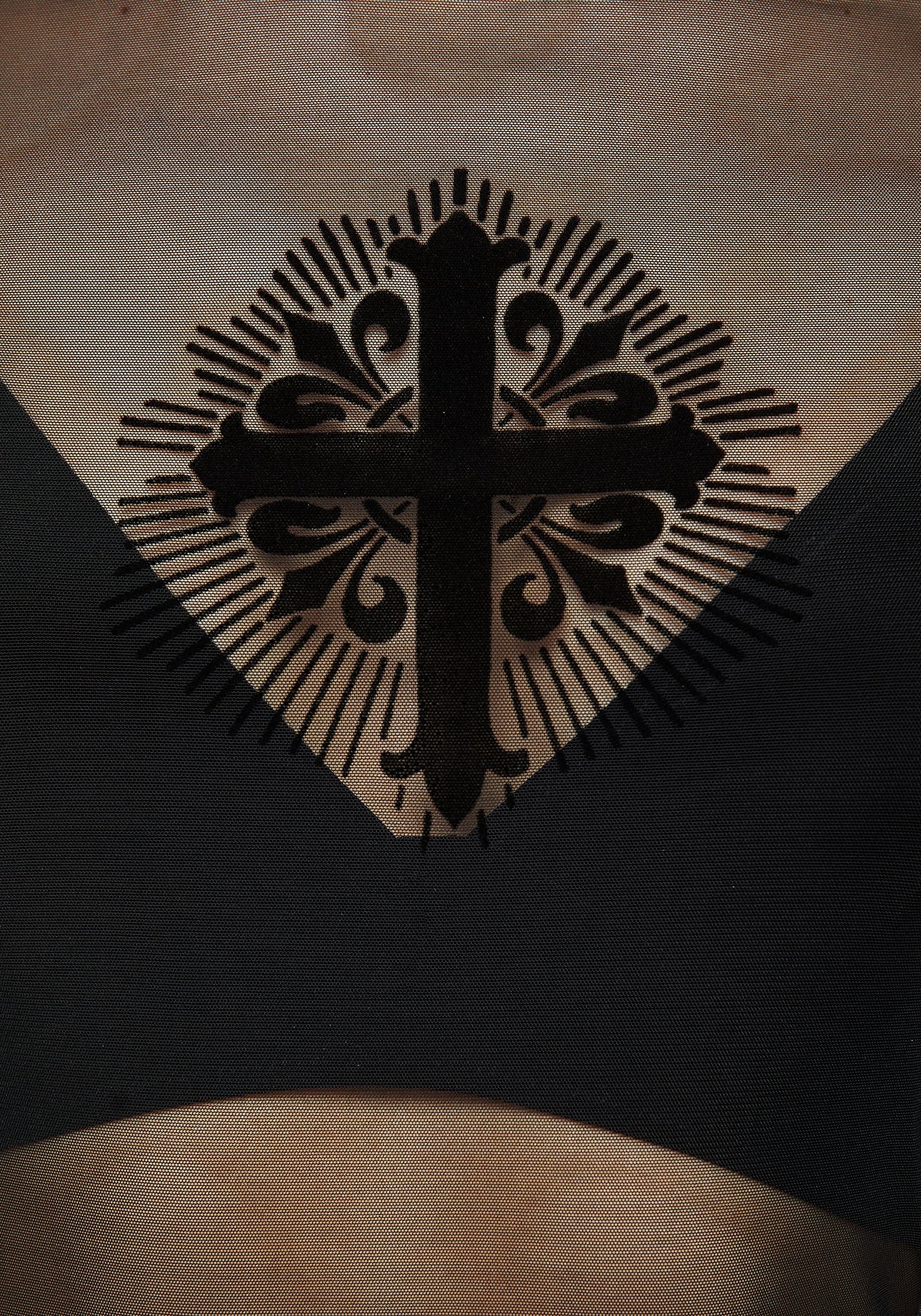 Patonce Cross Flocked Velour Long Sleeve Mesh Top