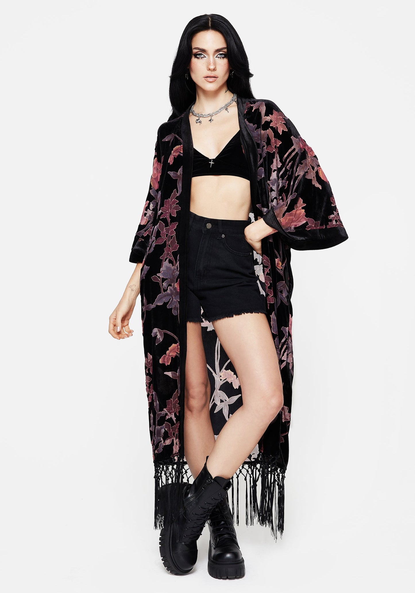 Waterlily Burnout Fringe Trim Longline Kimono