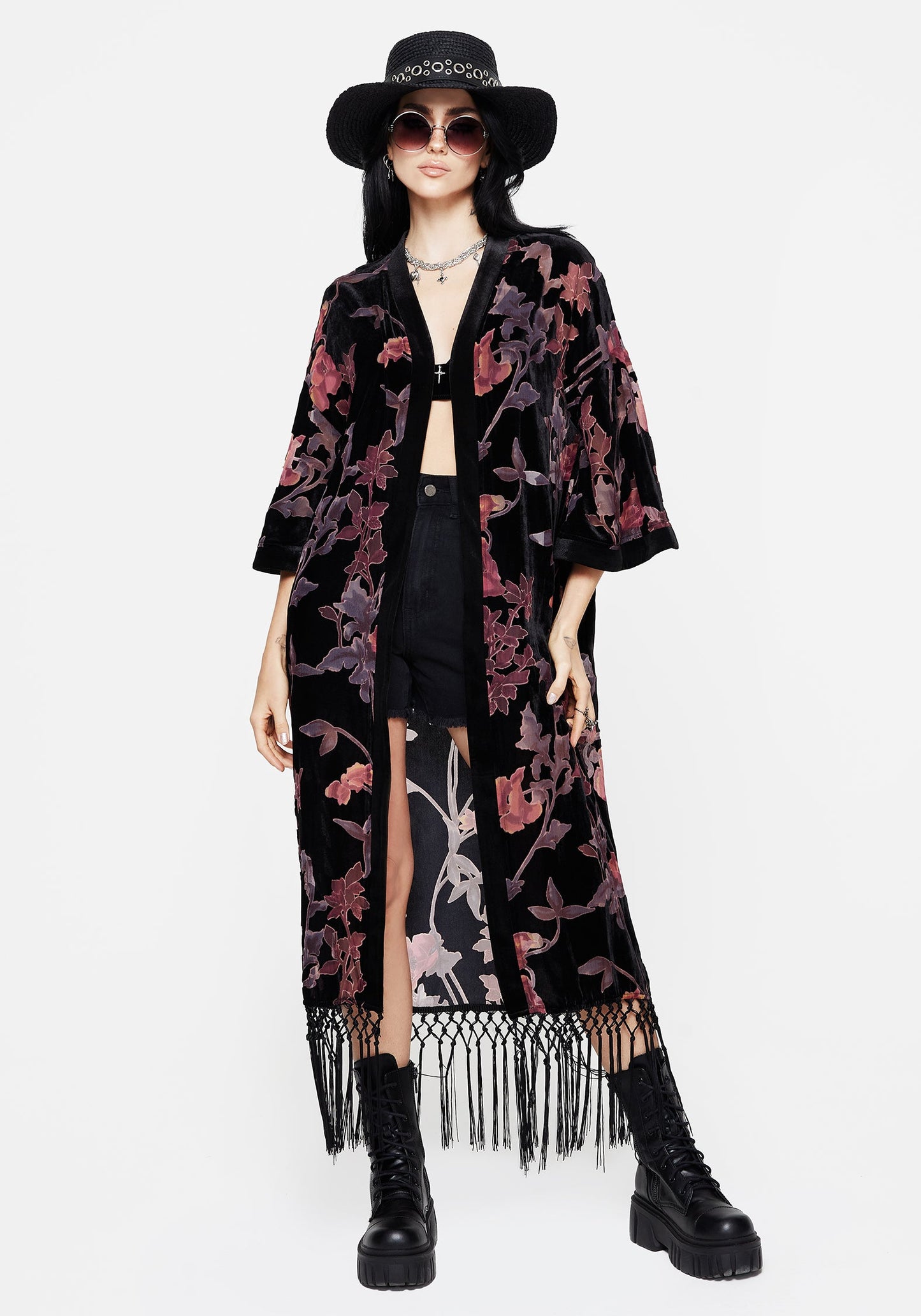 Waterlily Burnout Fringe Trim Longline Kimono