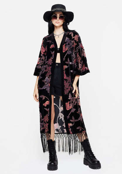 Waterlily Burnout Fringe Trim Longline Kimono
