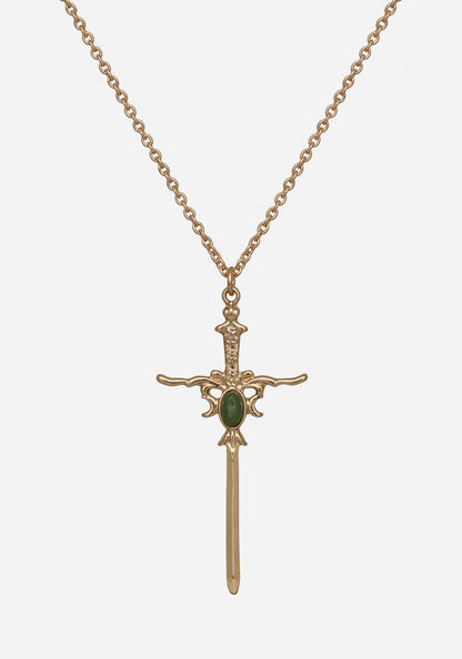 Galatine Green Stone Sword Necklace - Gold