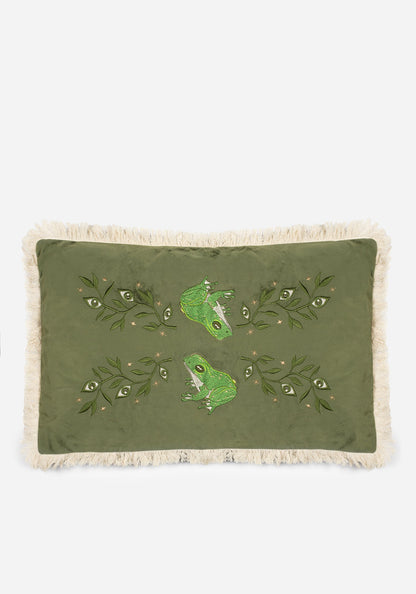 Swamplife Embroidered Velour Rectangle Fringe Cushion