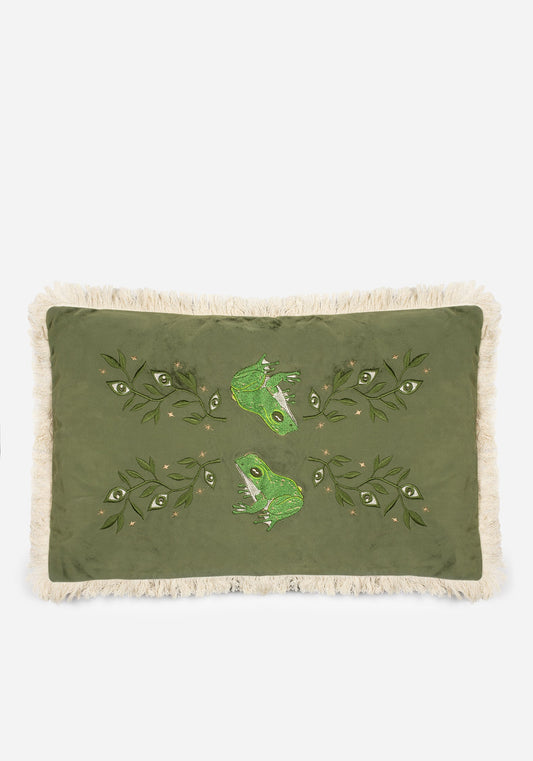 Swamplife Embroidered Velour Rectangle Fringe Cushion
