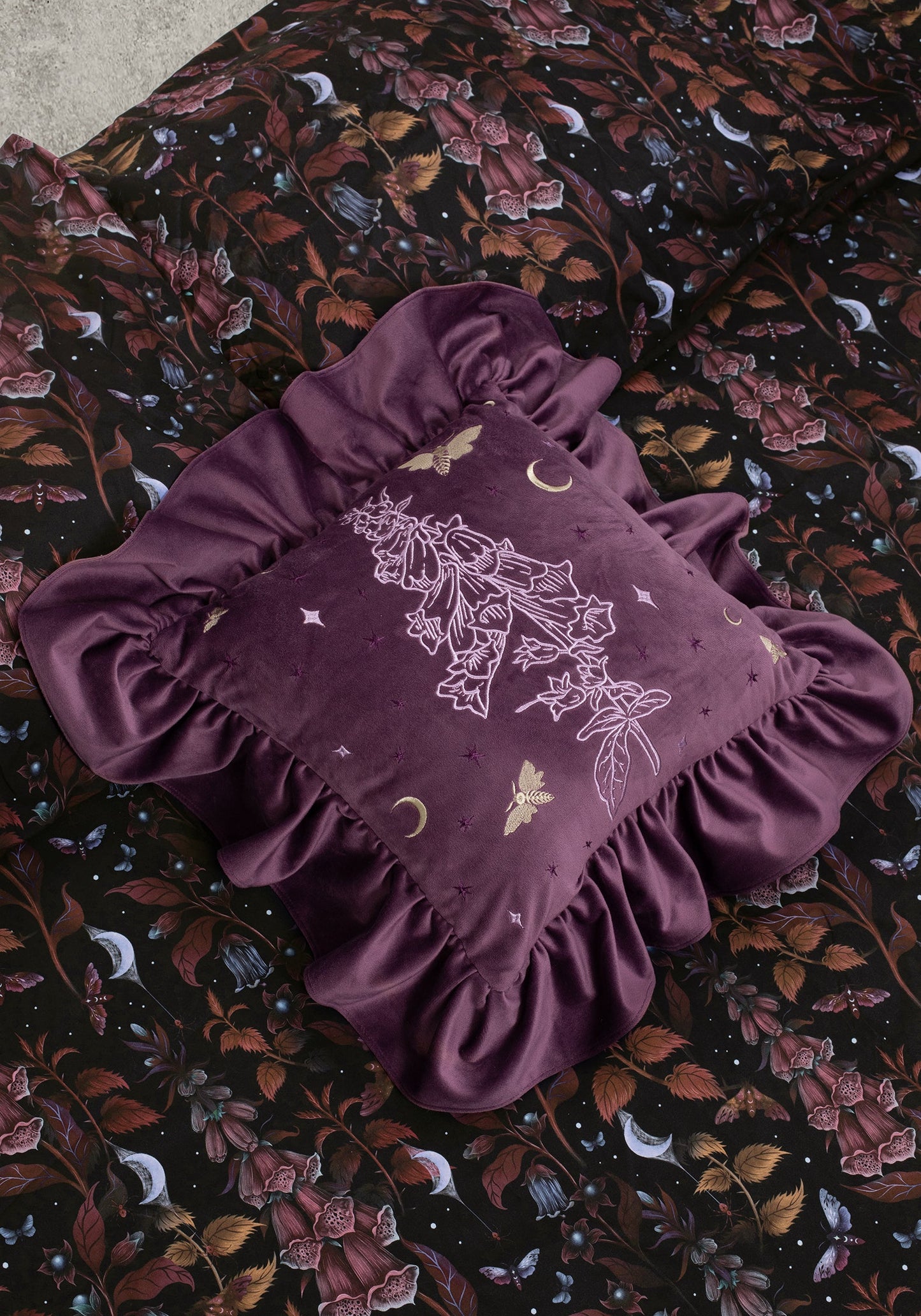 Foxglove Embroidered Velour Ruffle Cushion