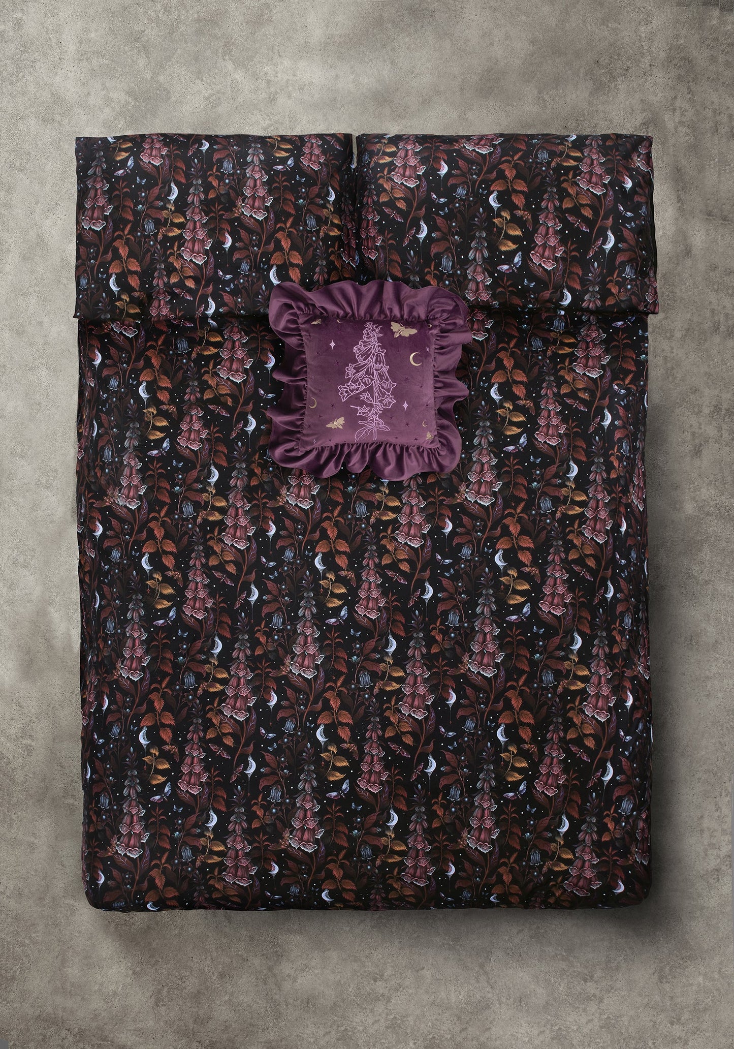 Foxglove Embroidered Velour Ruffle Cushion