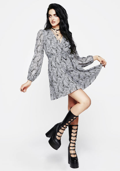 Rosethorn Flocked Velour Chiffon Faux Wrap Mini Dress - Blue