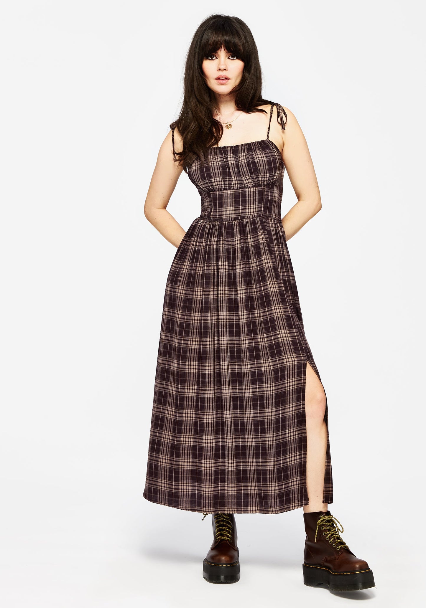 Adra Check Cami Tie Strap Midi Dress