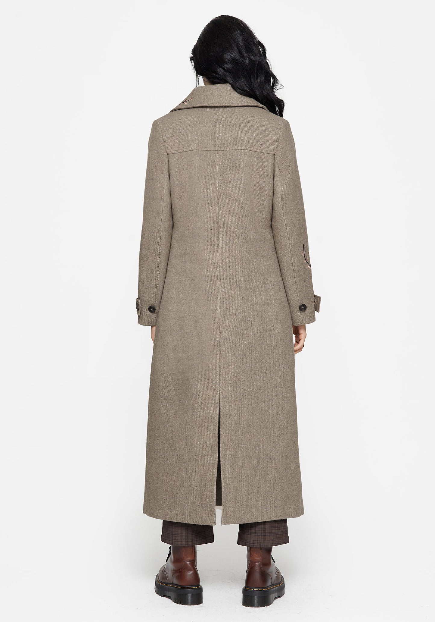 Valeria Floral Moth Embroidered Herringbone Longline Coat