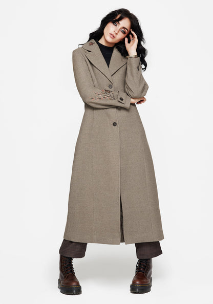 Valeria Floral Moth Embroidered Herringbone Longline Coat